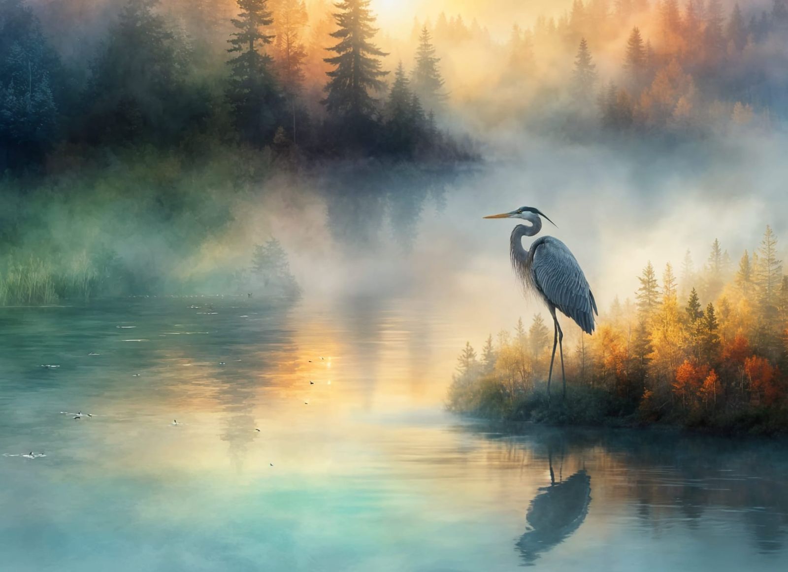 Heron Takes Flight Over Misty Dawn Lake in Watercolor Style