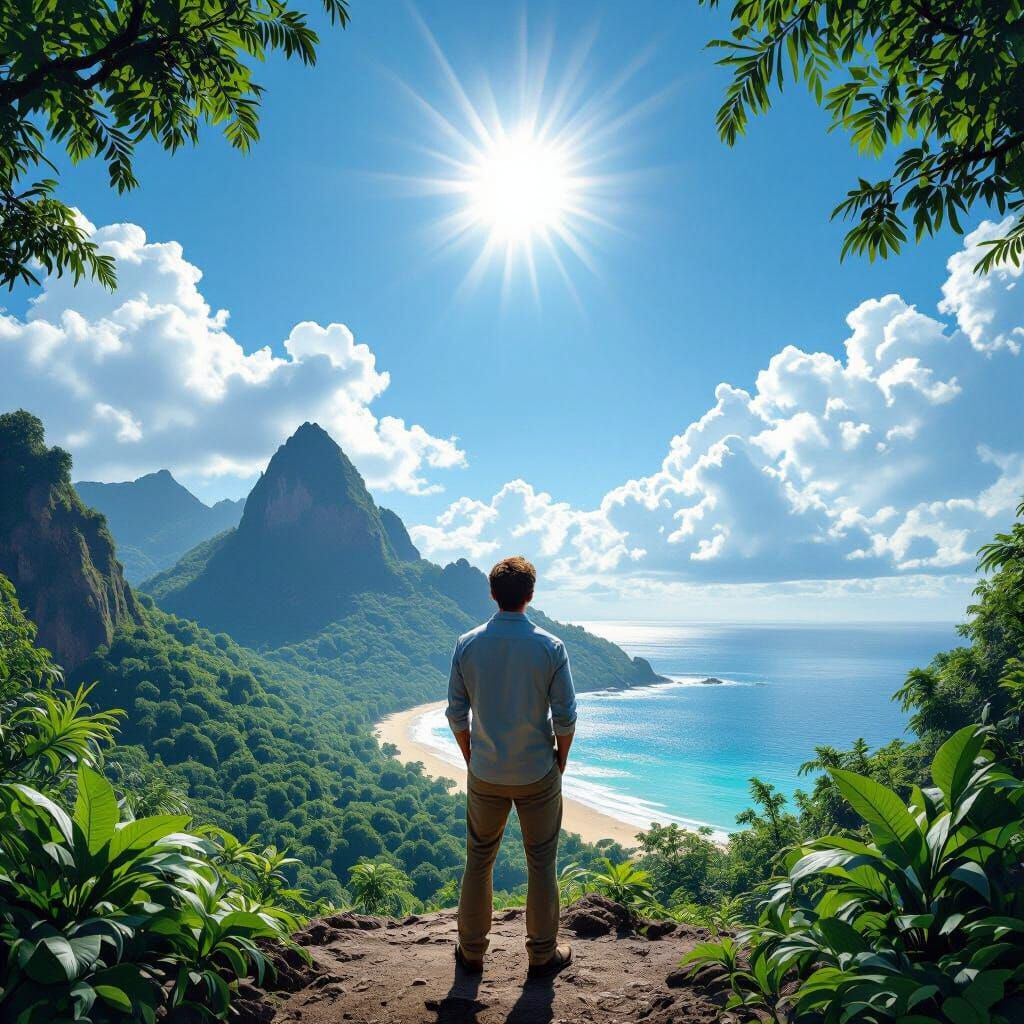 Man on Jungle Mountain Peak in Photorealistic Style