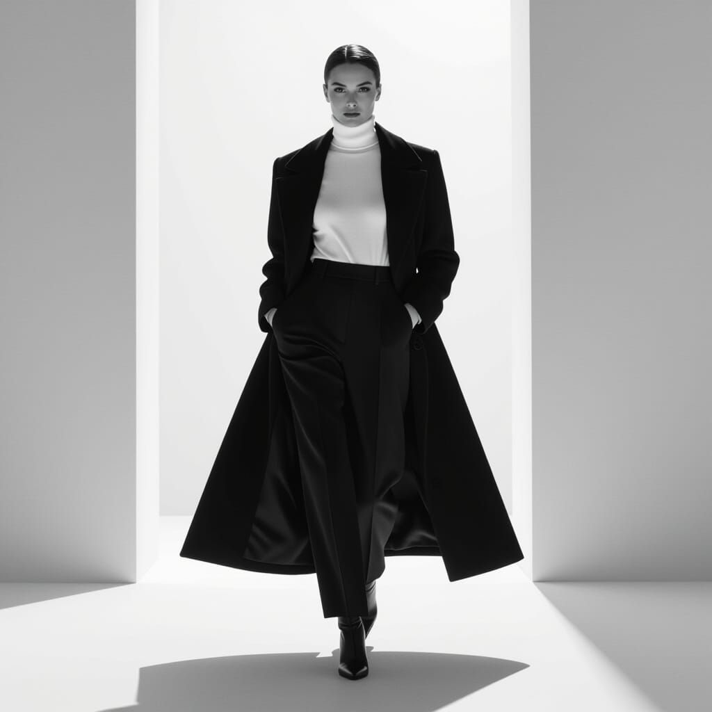 Monochrome Fashion Shoot: Woman in White Turtleneck and Long...