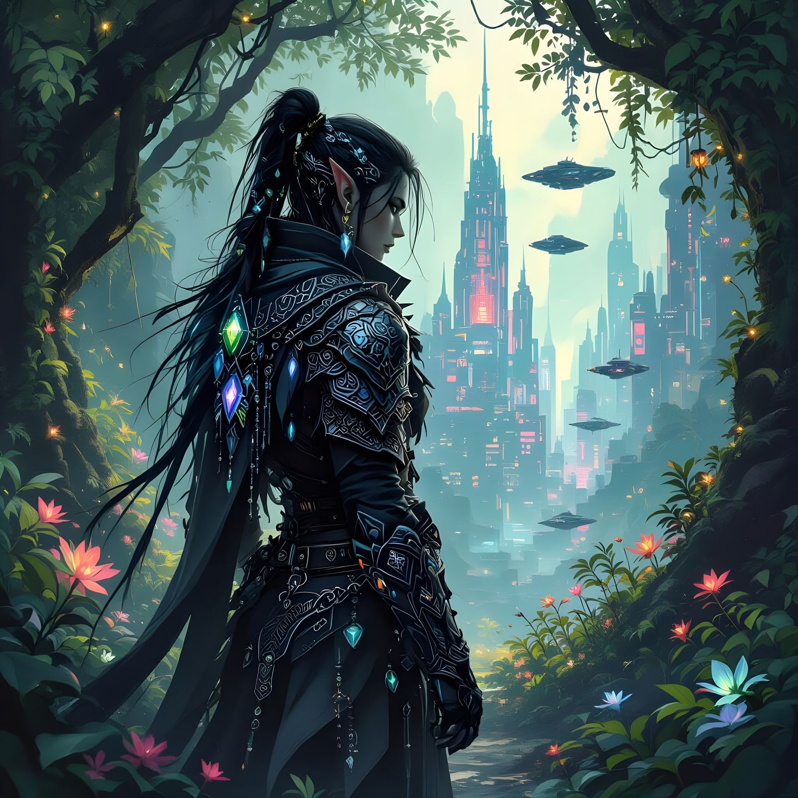 Elven Ranger Discovering Cyberpunk City as Ink Wash Painting