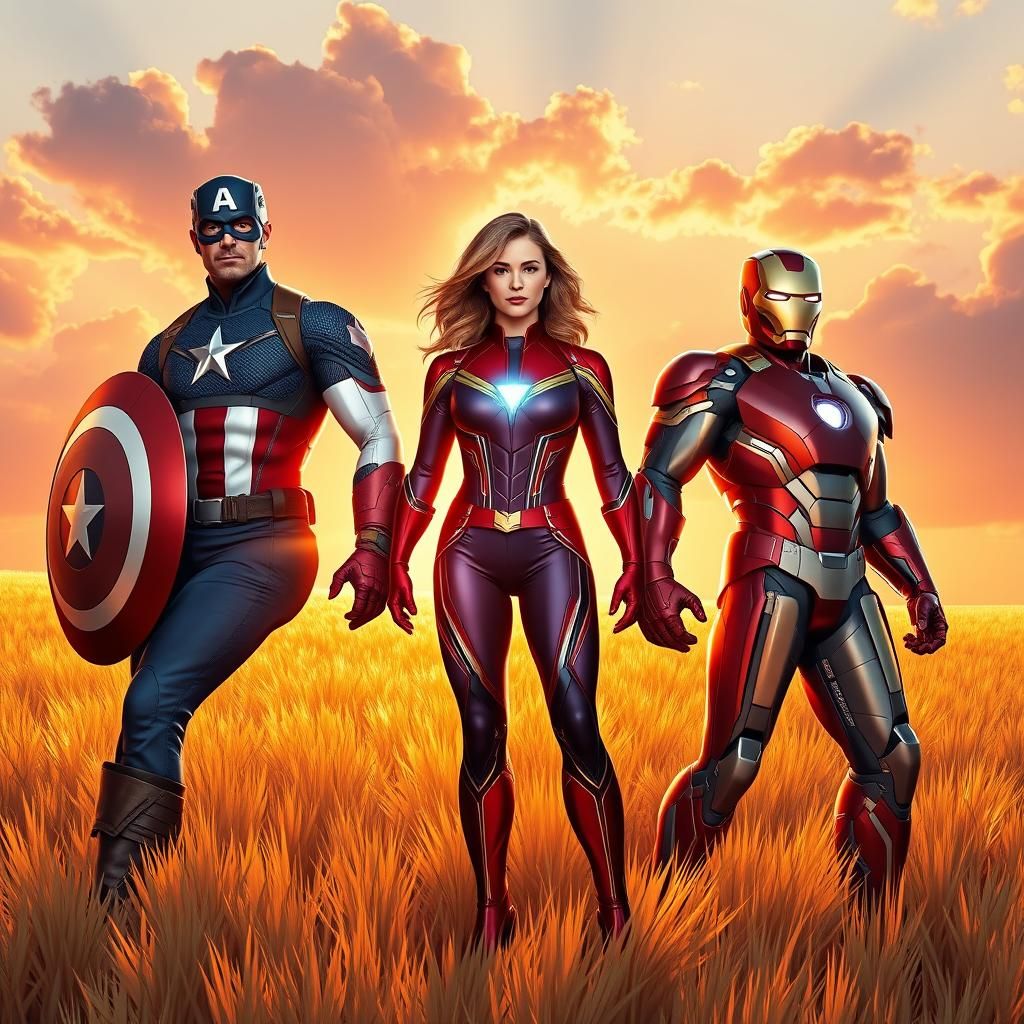Superhero Trio in Golden Field, Comic Book Style