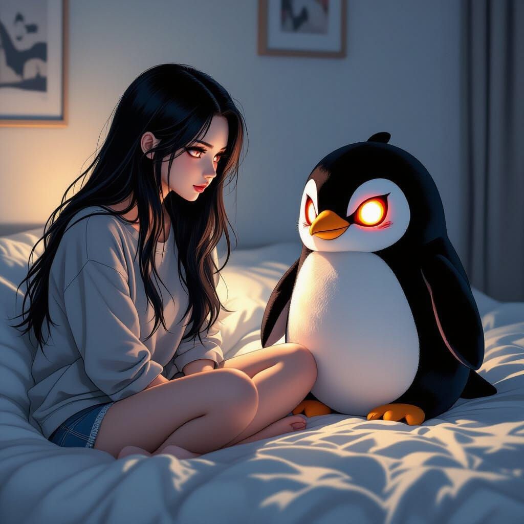 Woman Gazes at Demonic Penguin Toy