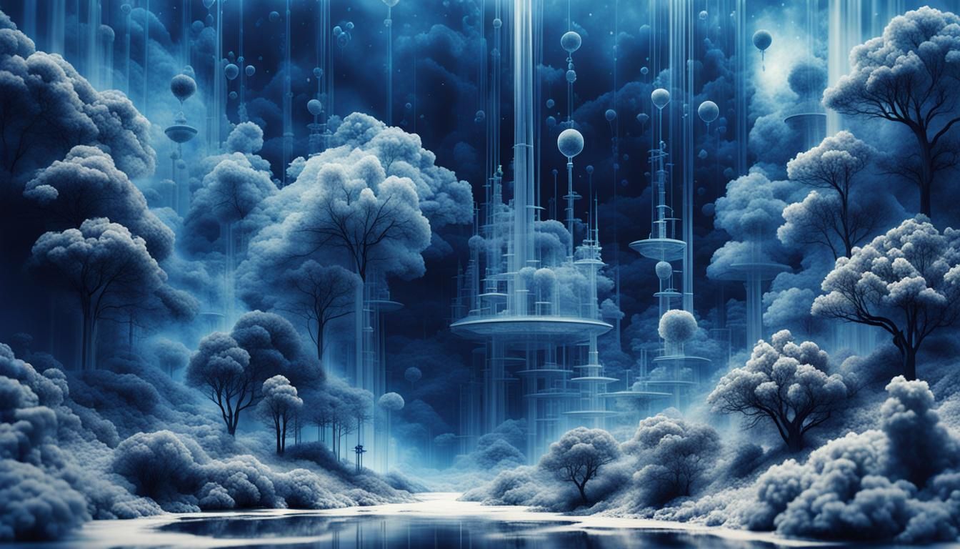 Quantum Computer Simulation: Ethereal Cyanotype Landscapes