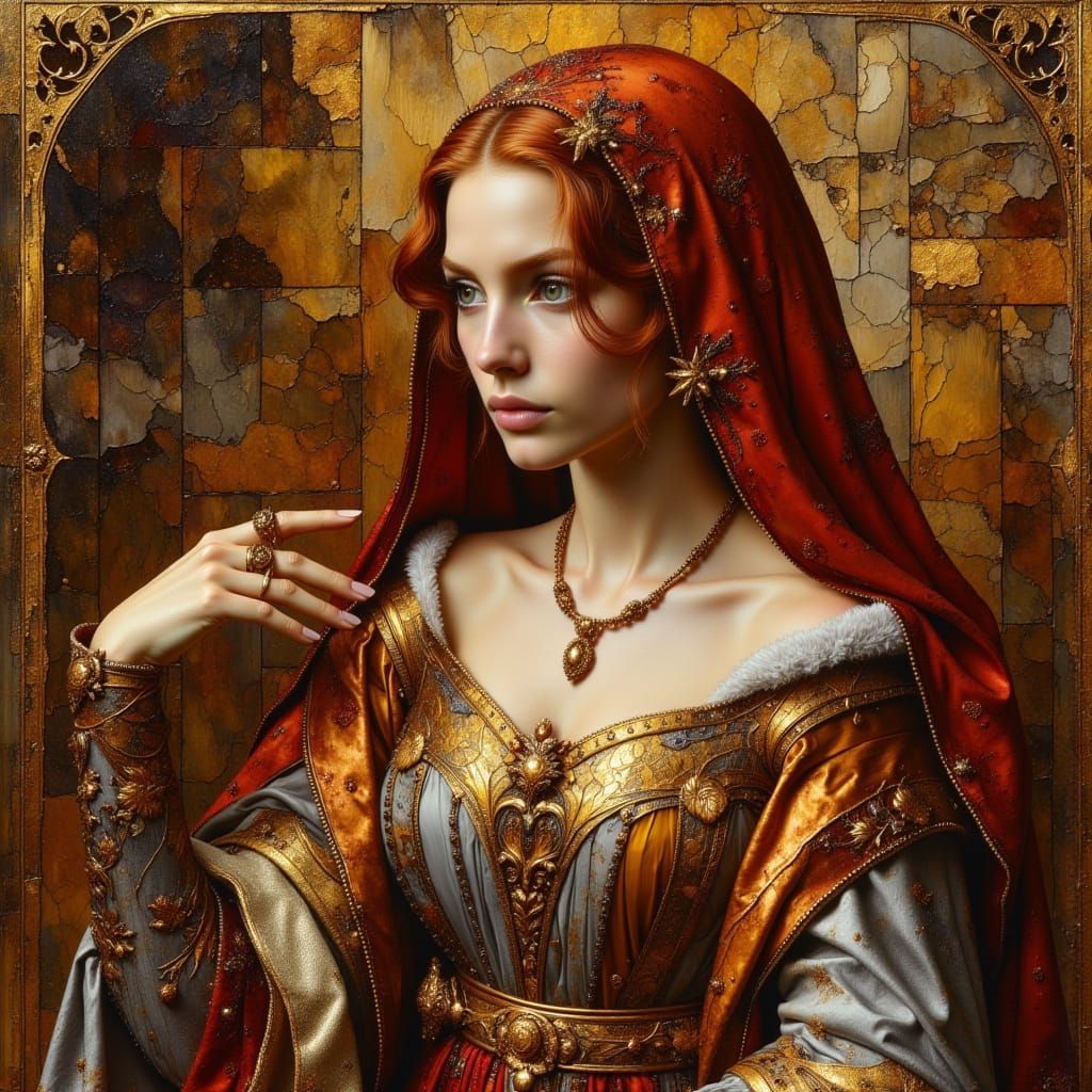 Medieval Princess in Richly Embroidered Robes