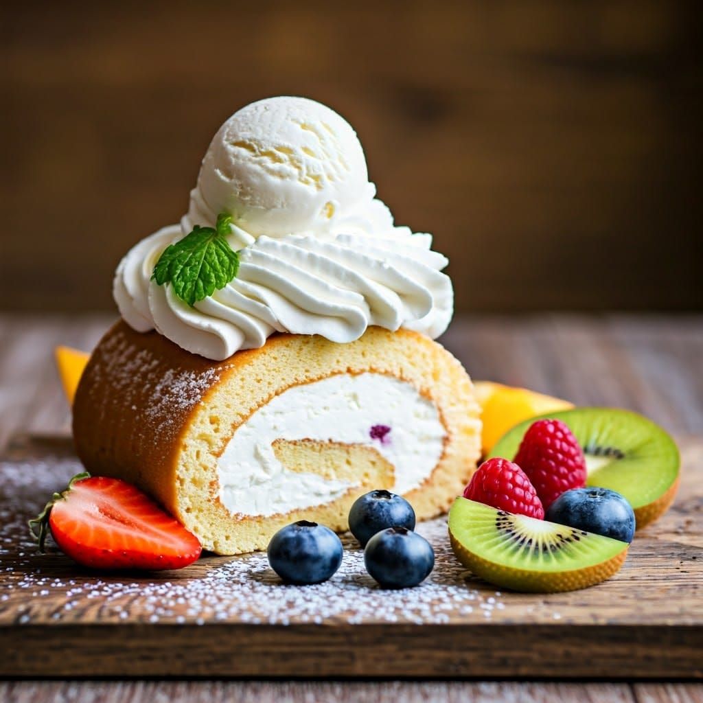 Delicious Roll Cake with Fruit, Impressionistic Style