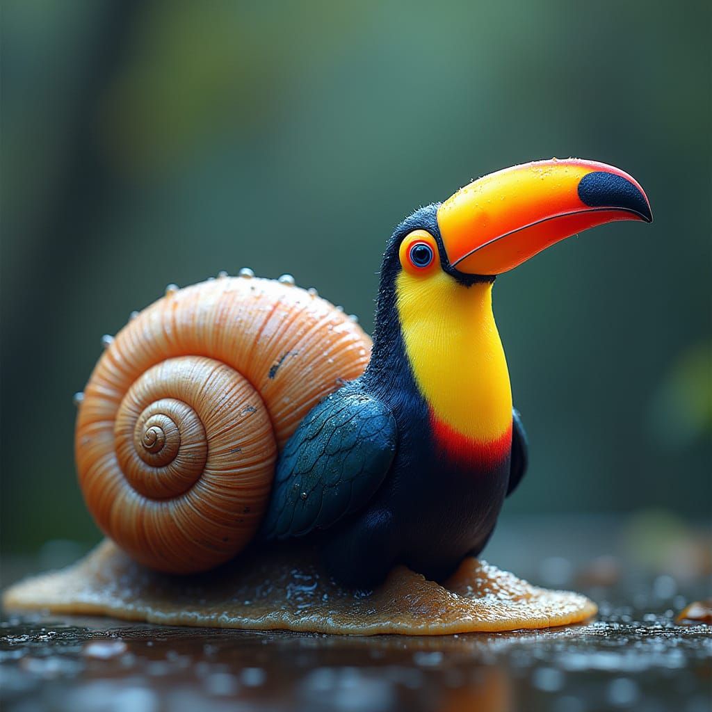 Mythical Hybrid: Toucan-Snail Mashup in Vibrant Colors