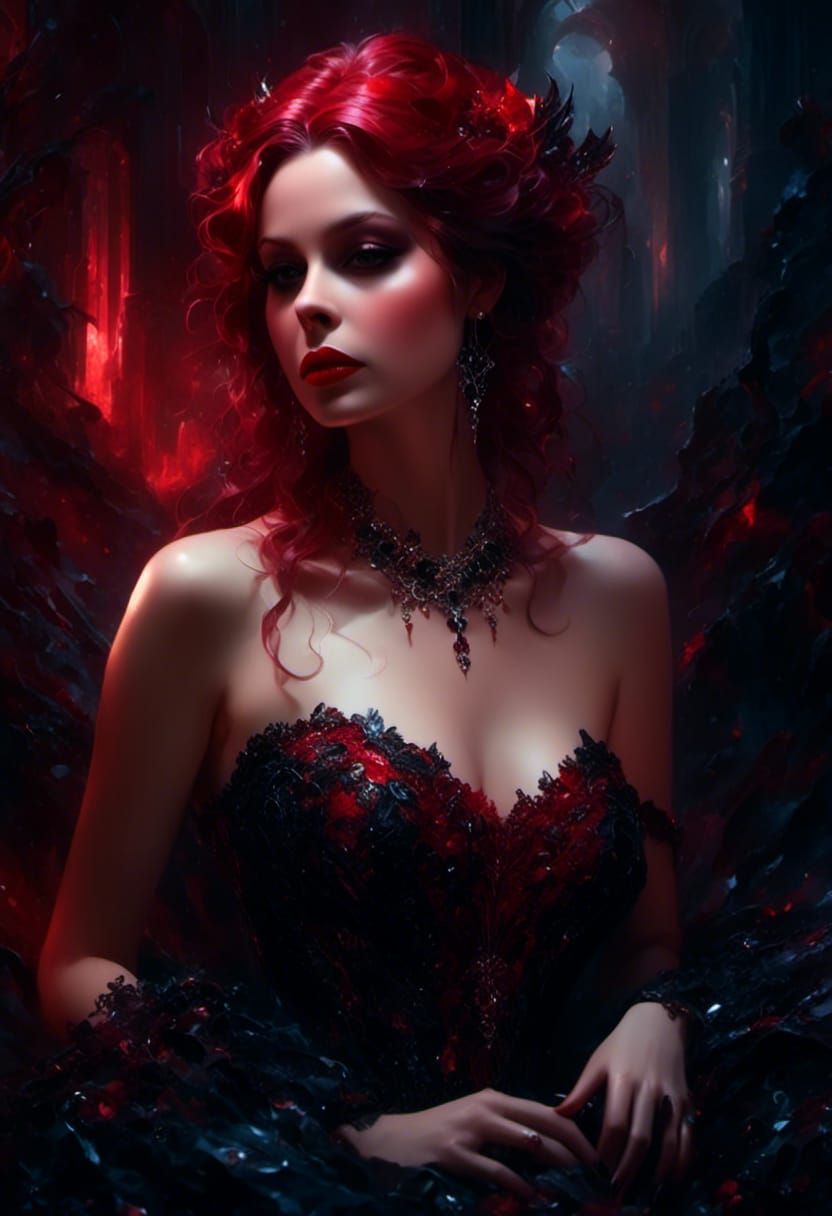 Fairy Queen in Red Lace Gown, Detailed Digital Art