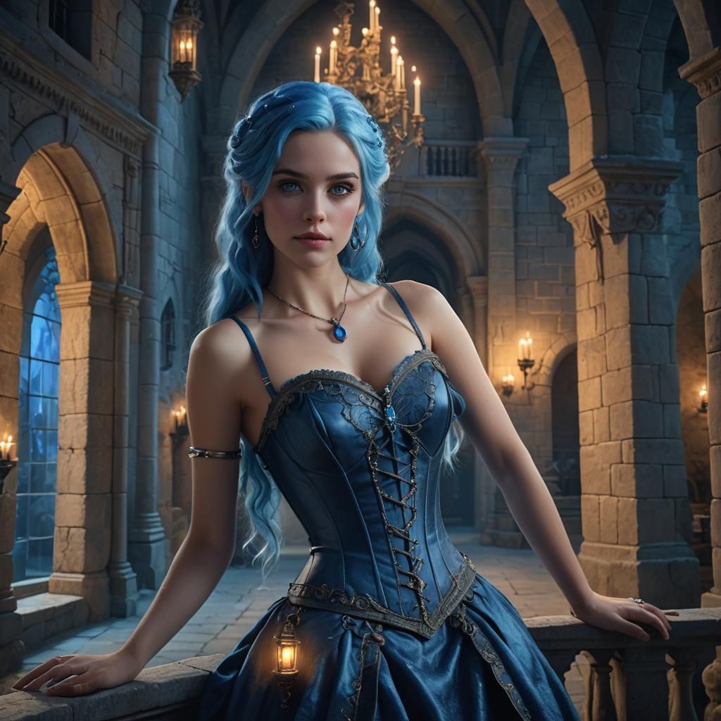 Blue Corset Woman in Castle Concept Art