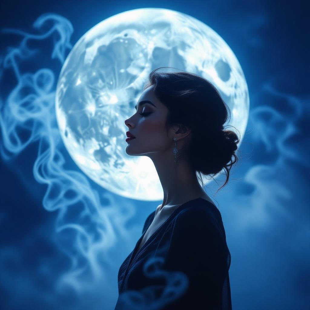 Woman's Resolve Under Ethereal Full Moon