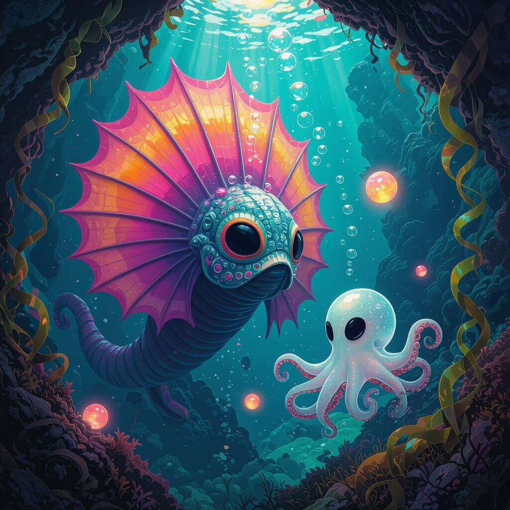 Surreal Alien Sea Creature in a Dreamlike Underwater Cave