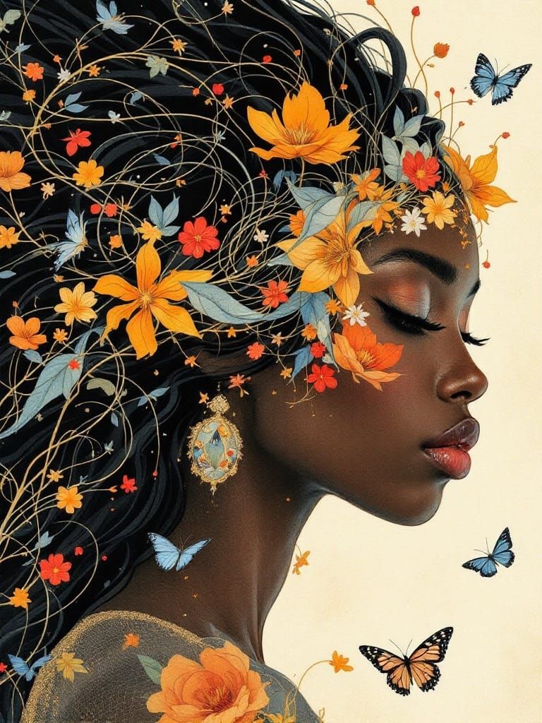 STYLE: In the style of Alphonse Mucha+Hayao Miyazaki+Rebecca Guay: Create imagery with a black woman flowing Art Nouveau...