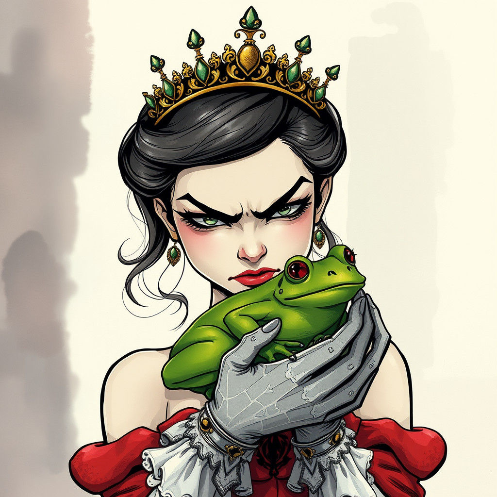 Punk Princess with Frog in Watercolor Ink Style