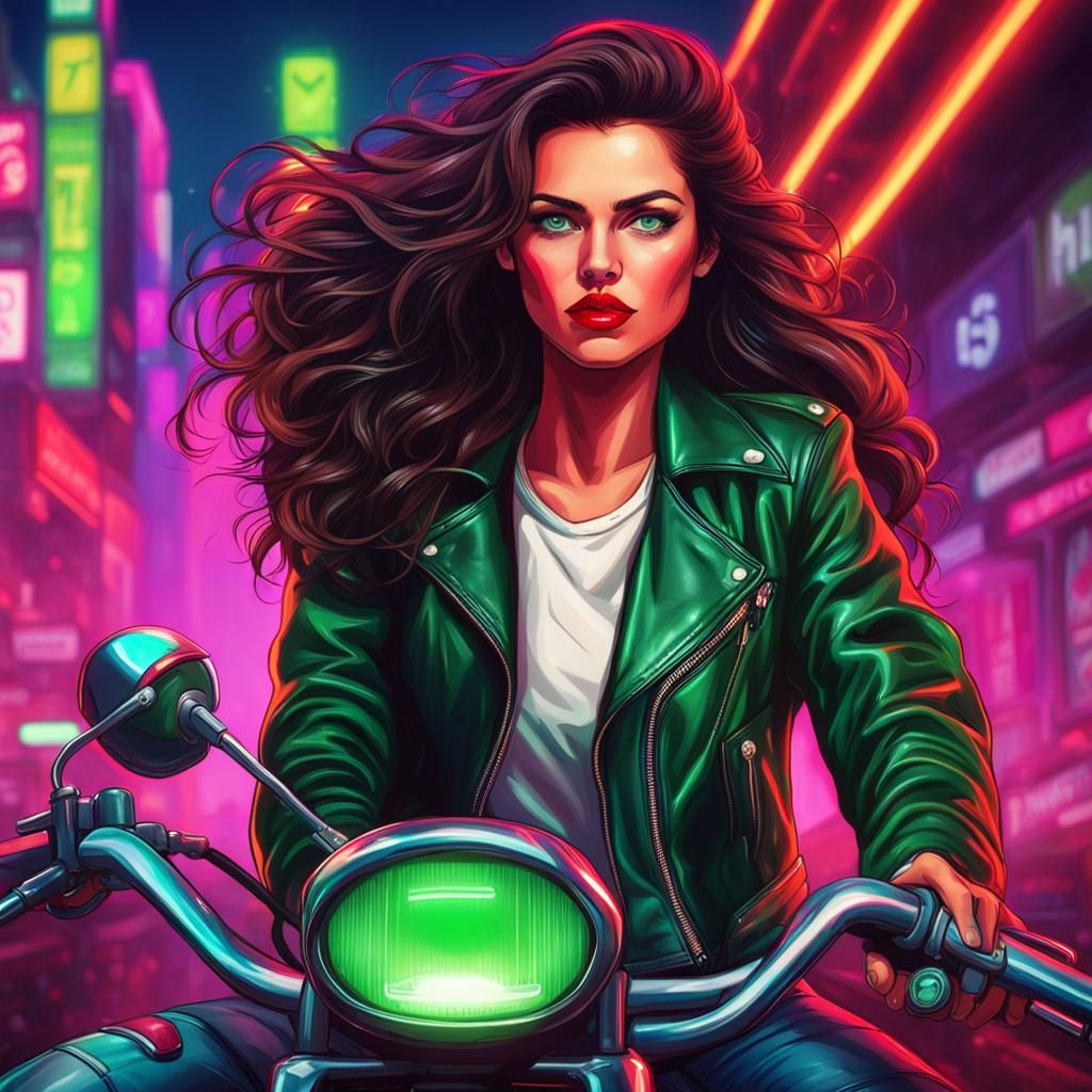 Synthwave Biker Chick with Green Eyes