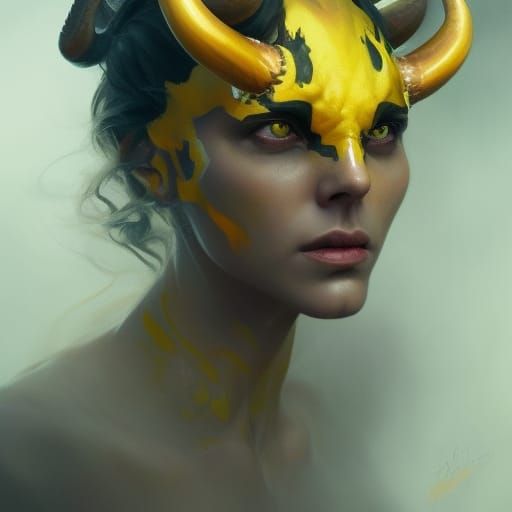 Yellow Demon Portrait in Hyperdetailed Digital Art Style