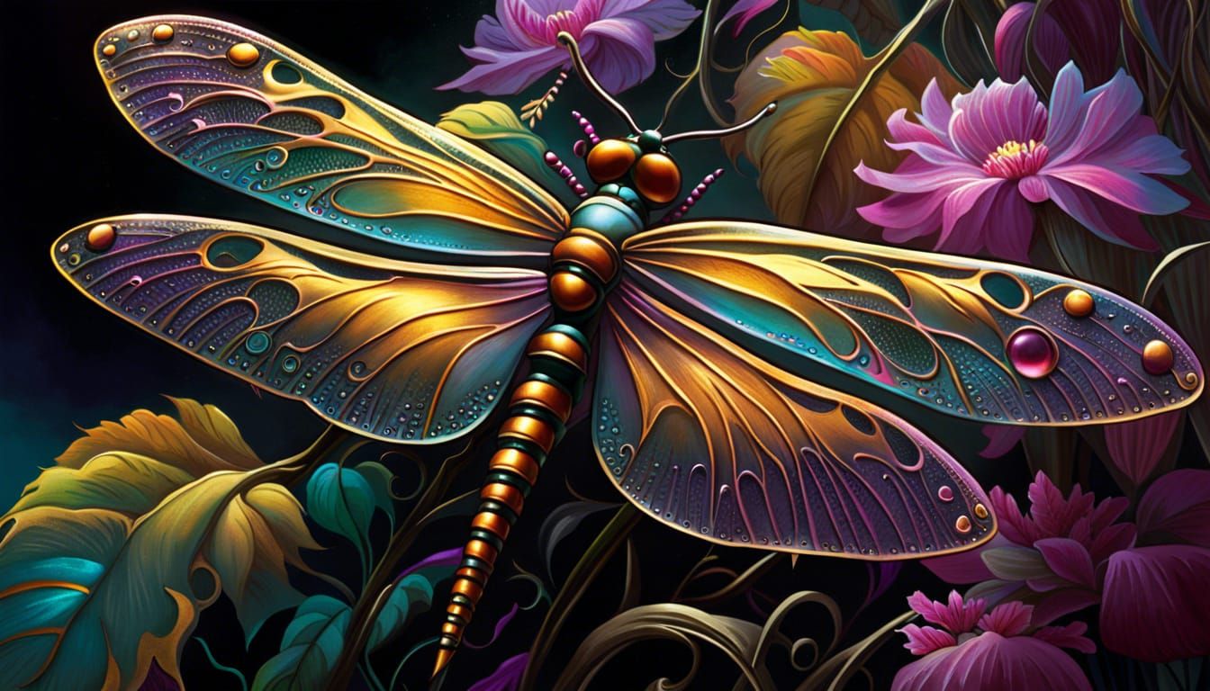 Cyberpunk Floral Dragonfly in Digital Illustration