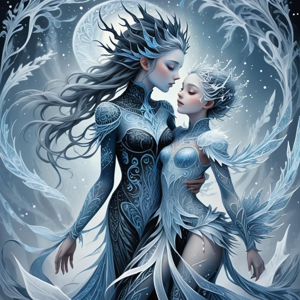 Icy Dark Fantasy Entity Embracing a Frozen Soul