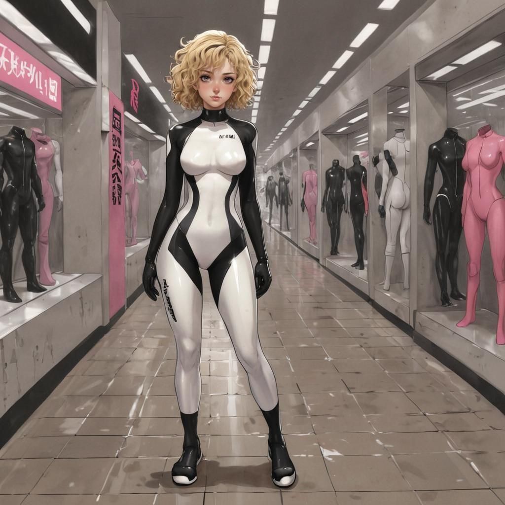 Woman in Cyberpunk Mall, Anime Key Visual Style