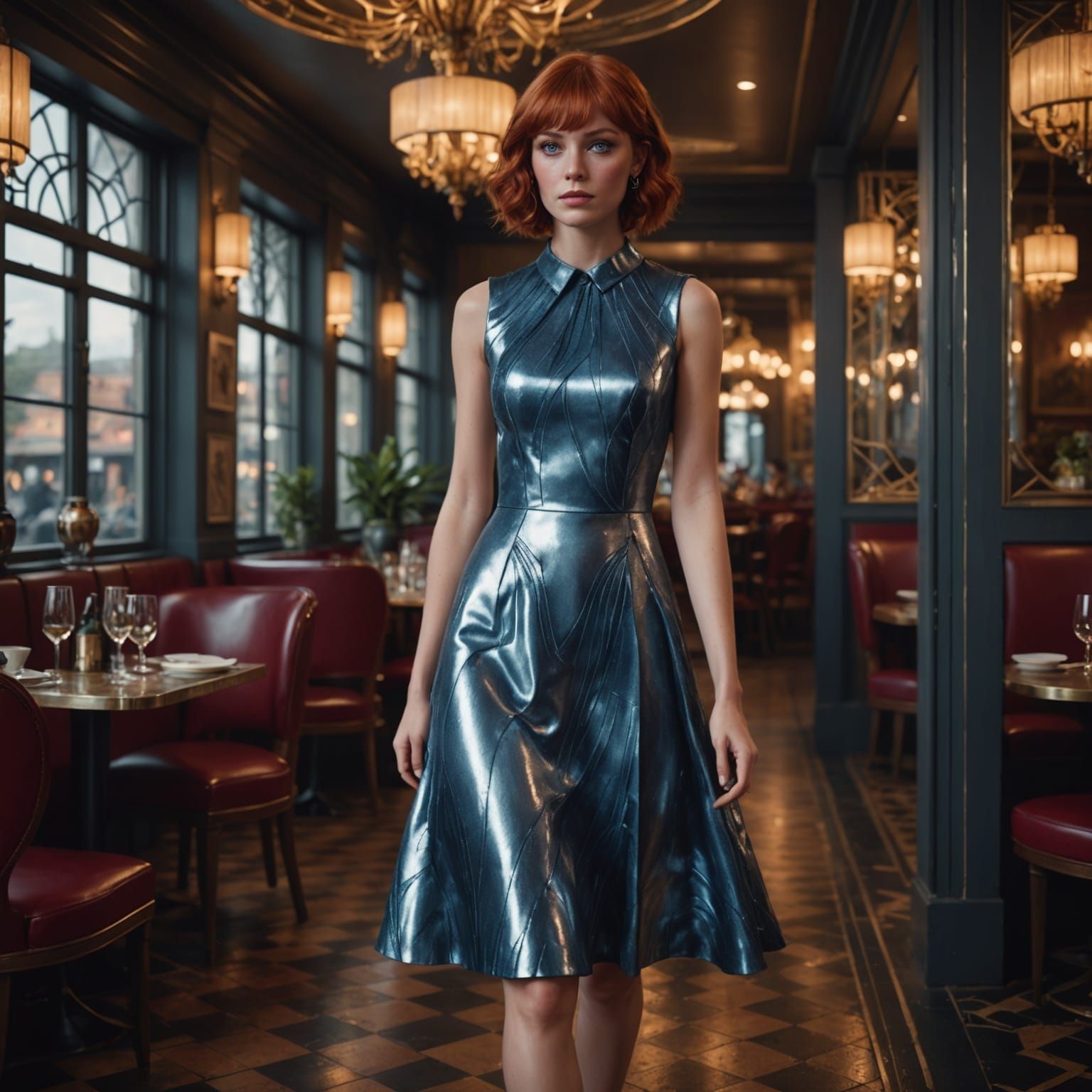 Elegant Woman Enters Upscale Restaurant in Silver Dress
