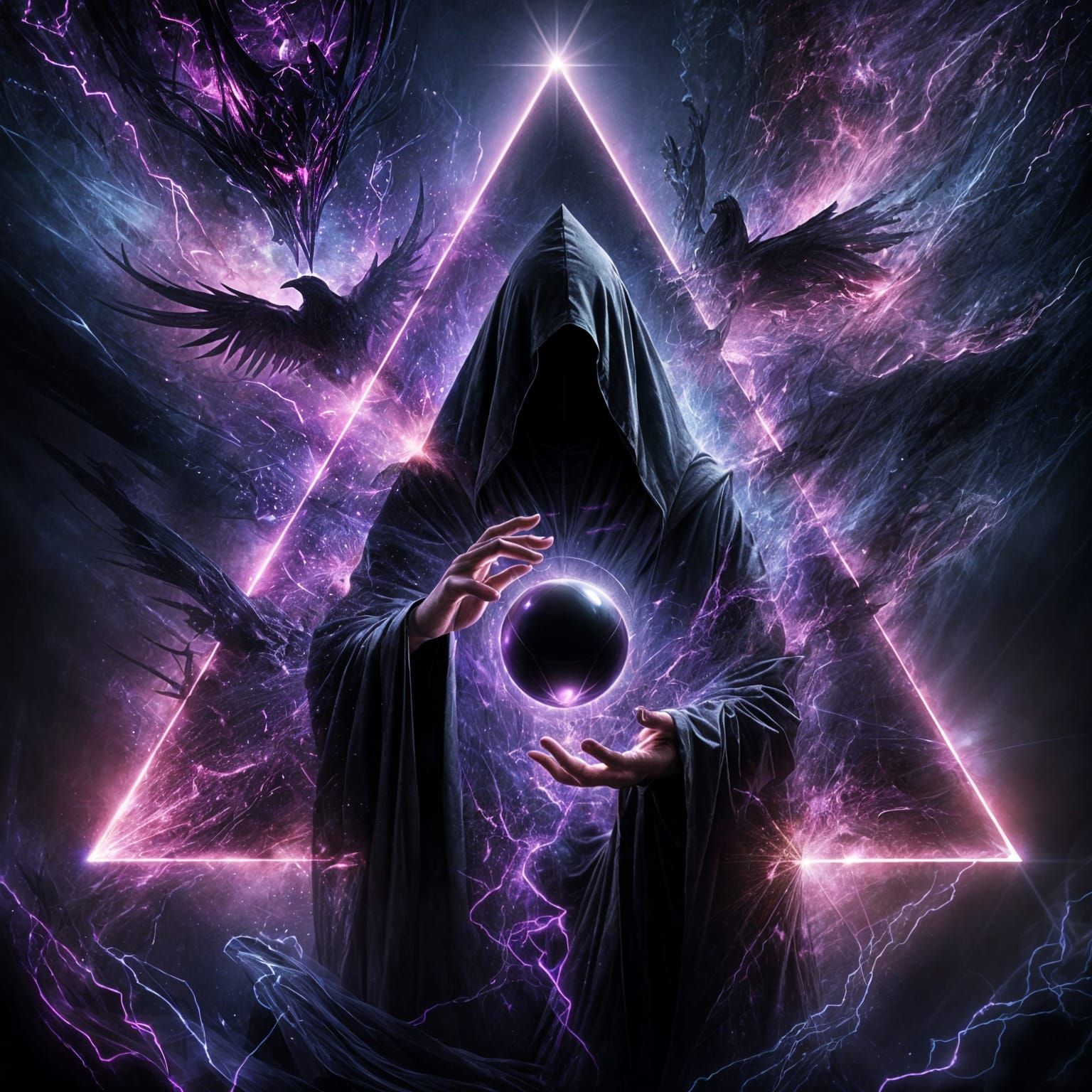 Cloaked Figure with Orb in Dark Triangle