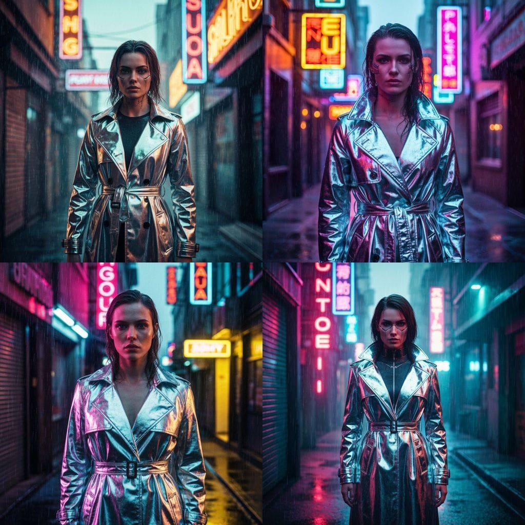 Cyberpunk Woman in Rain-Soaked Neon Alley