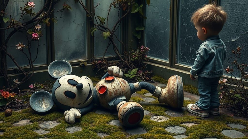 A weathered Mickey mouse robot