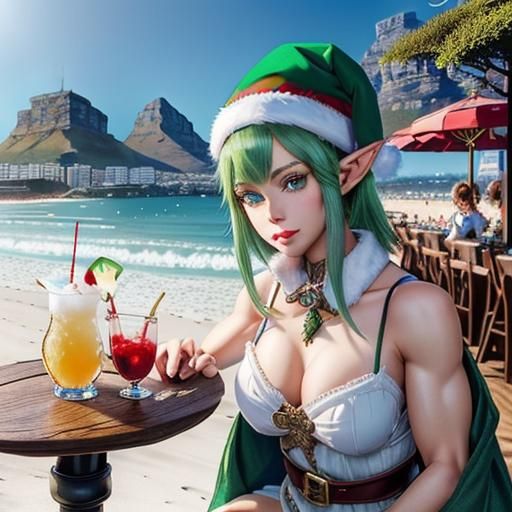Festive Elf Enjoying Cocktails on a South African Beach