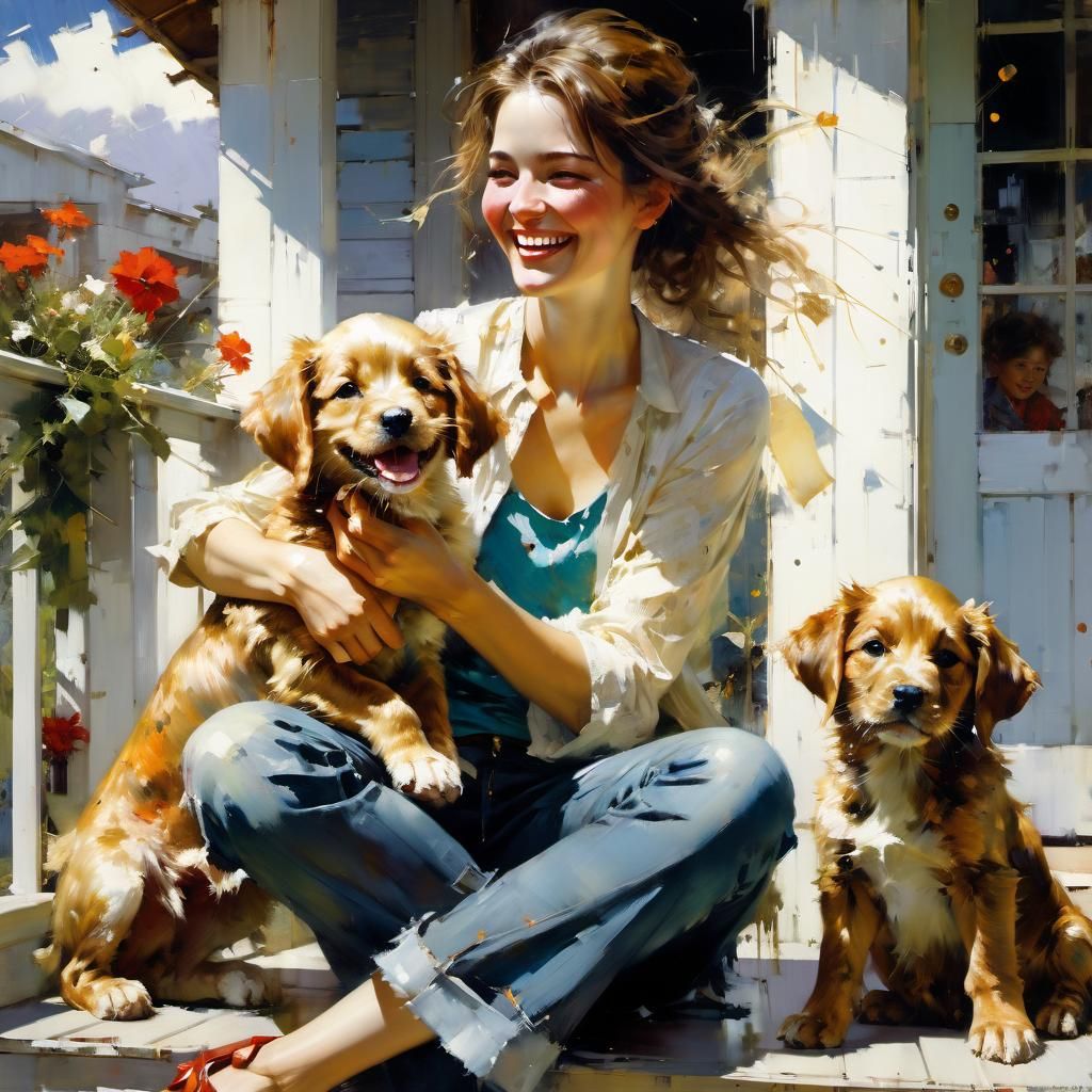 Woman and Puppy: A Joyful Fine Art Painting