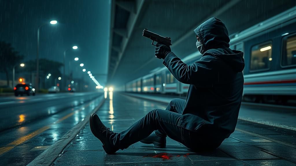 Noir Scene: Injured Man Aims Gun in the Rain