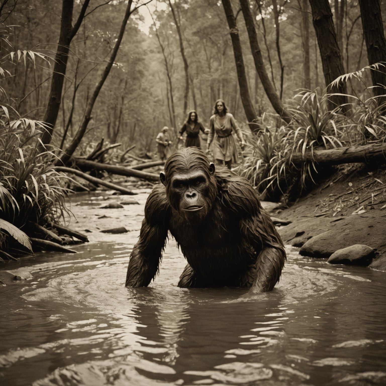 Yowie Sneaking on Woman in Creek - Vintage Sepia Photo