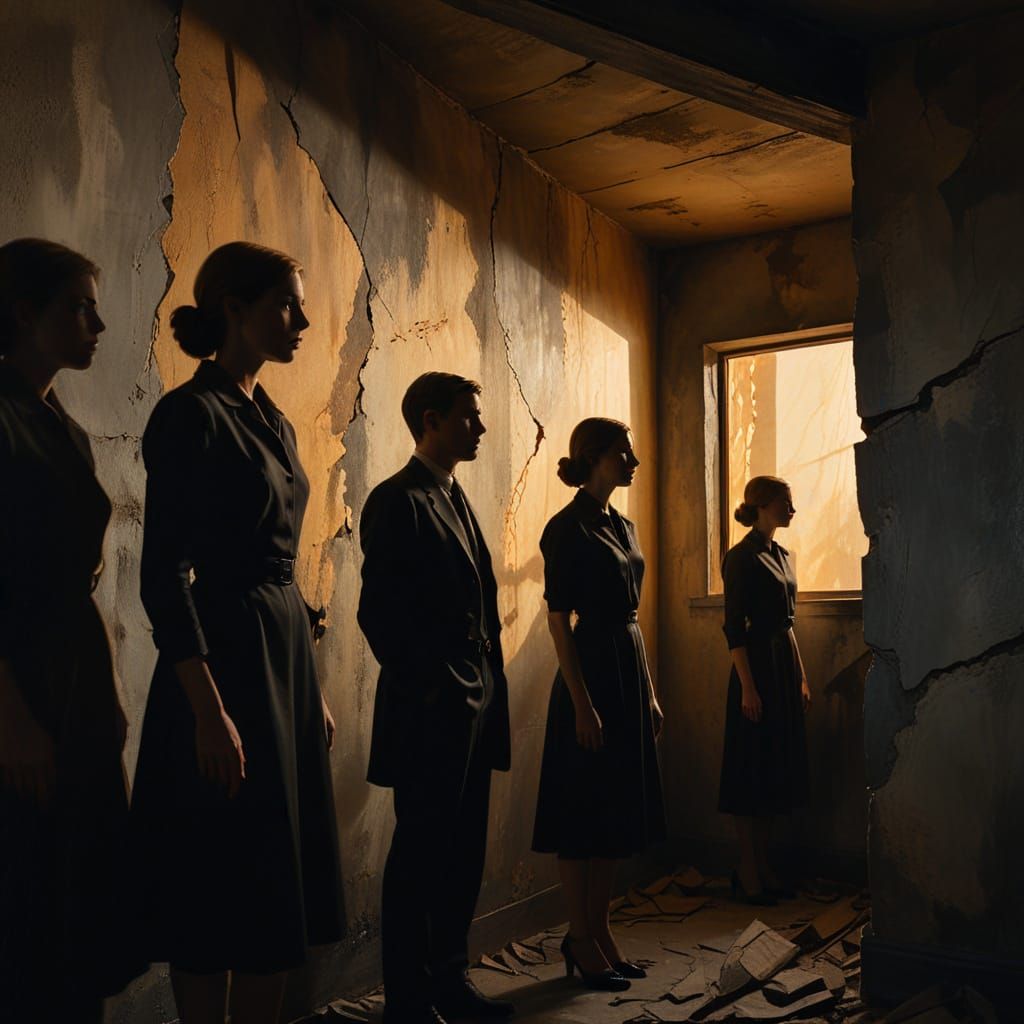 Distorted Silhouettes on Cracked Wall, Hopper-Inspired