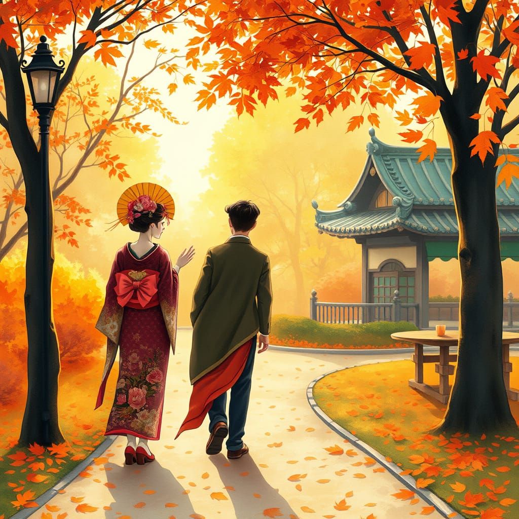 Geisha and Man Stroll Through Autumn Park in Art Nouveau