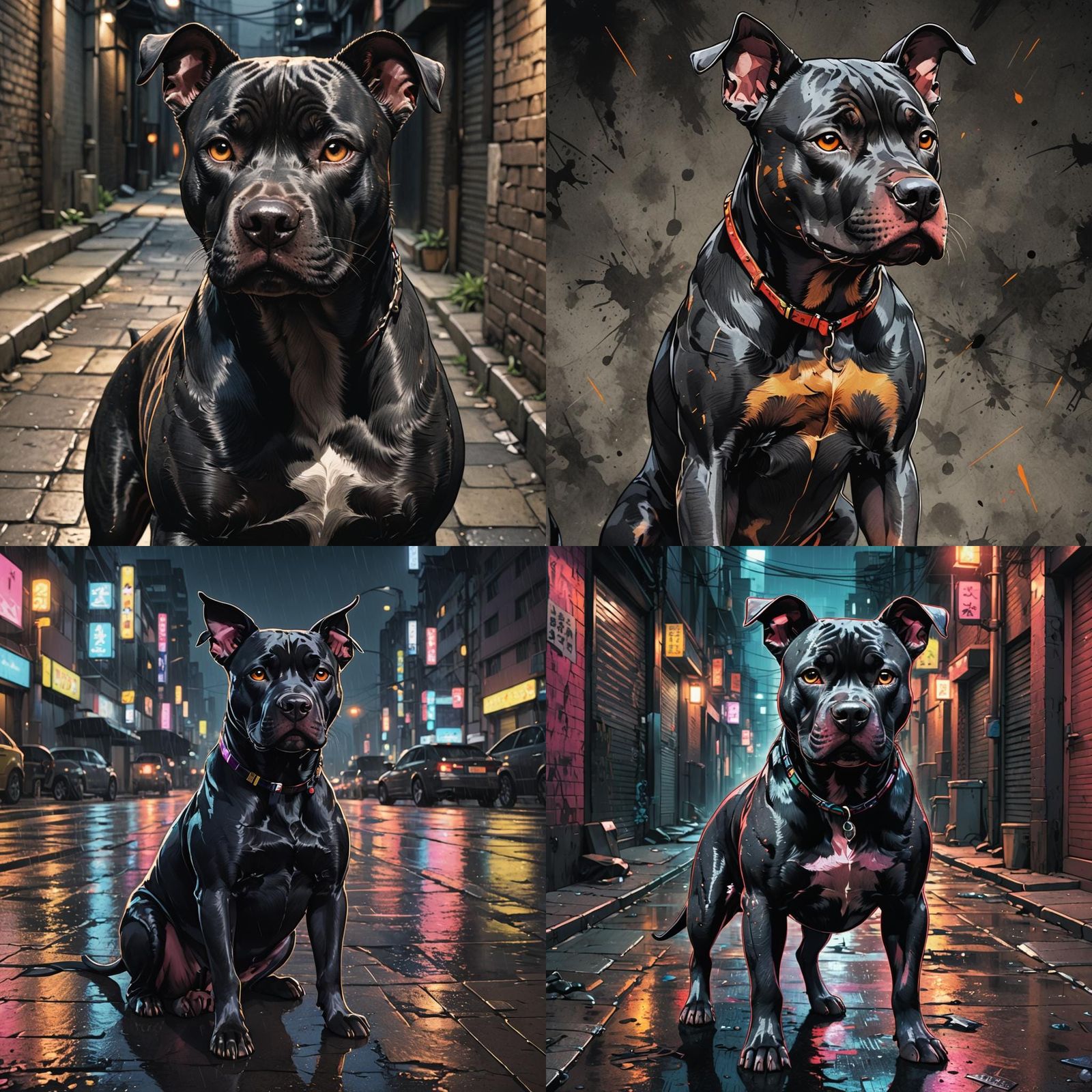 Scarred Black Pitbull in Cel-Shaded Anime Style