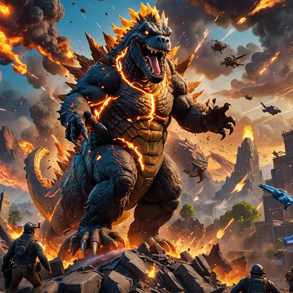 Homer Simpson Rides Godzilla in Fortnite Battle