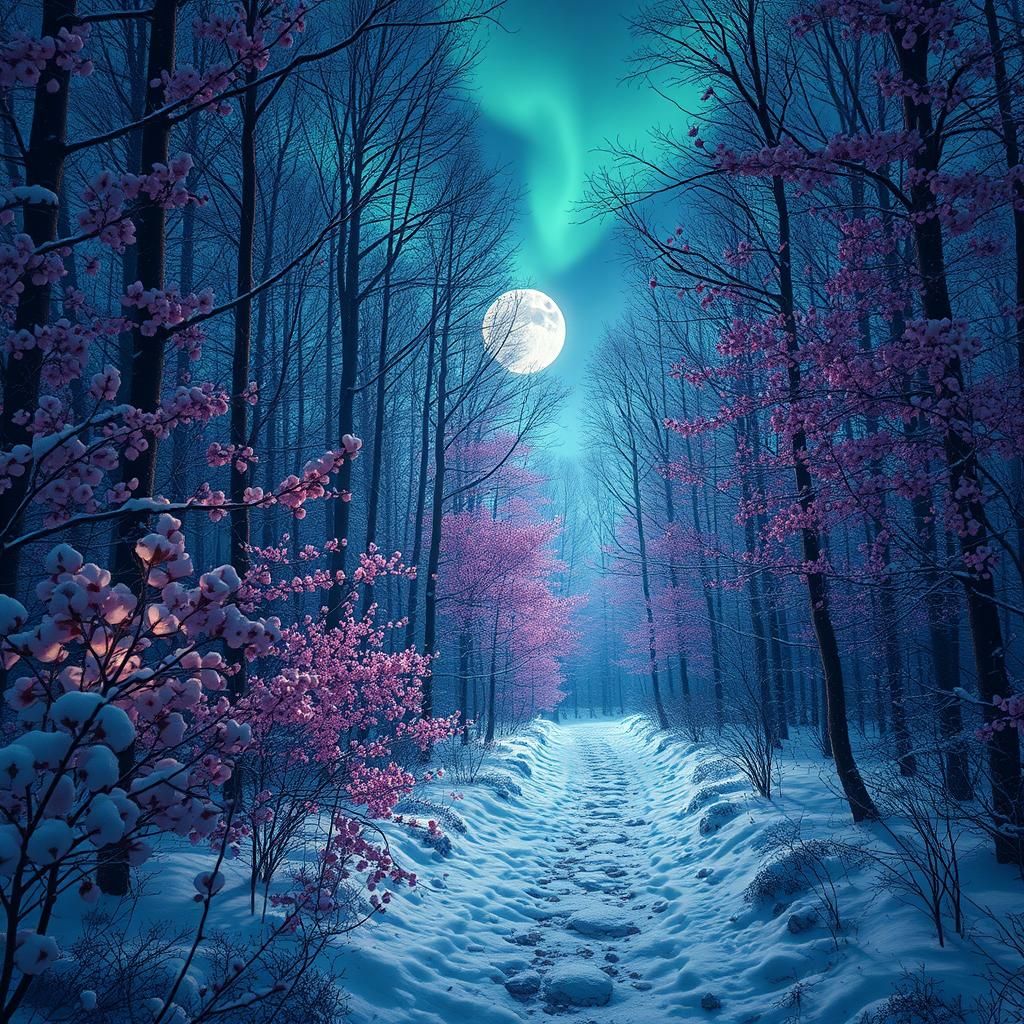 Winter Cherry Blossom Path Under Aurora