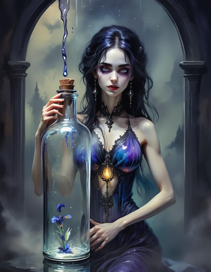 Gothic Genie woman locked  inside glass bottle  , breathtaki...