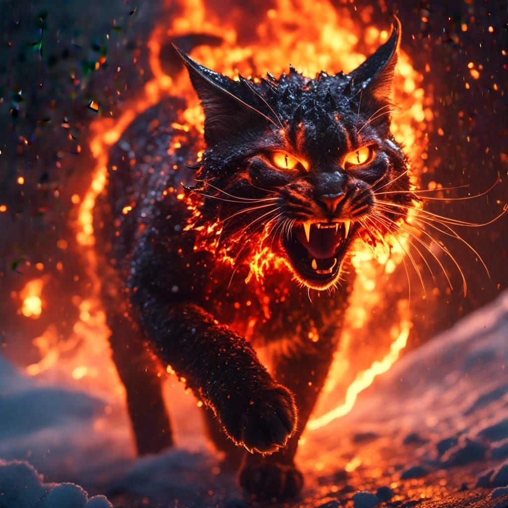 Fiery Demon Cat in Hyperrealistic Horror Style
