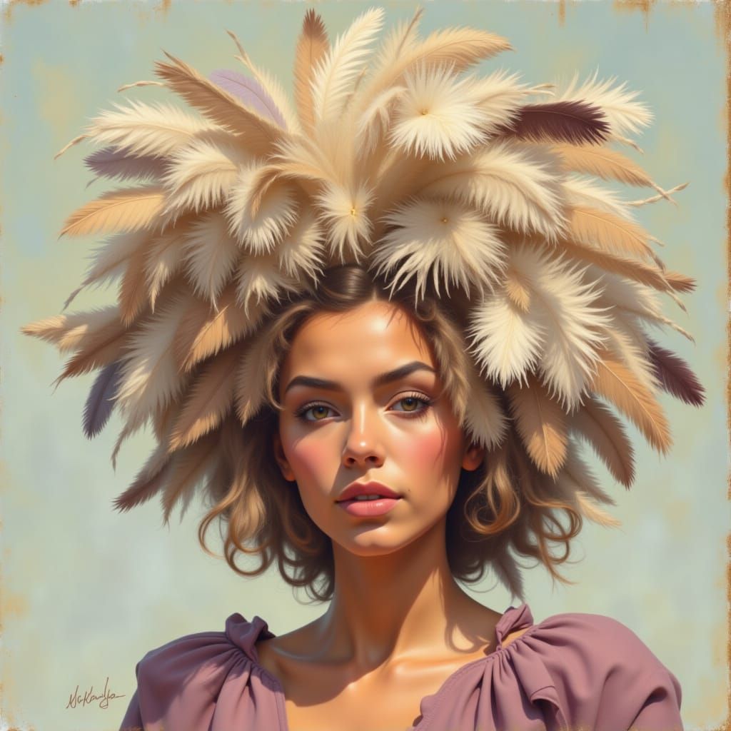 Woman with Fluffy Feathers in Matte Painting Style