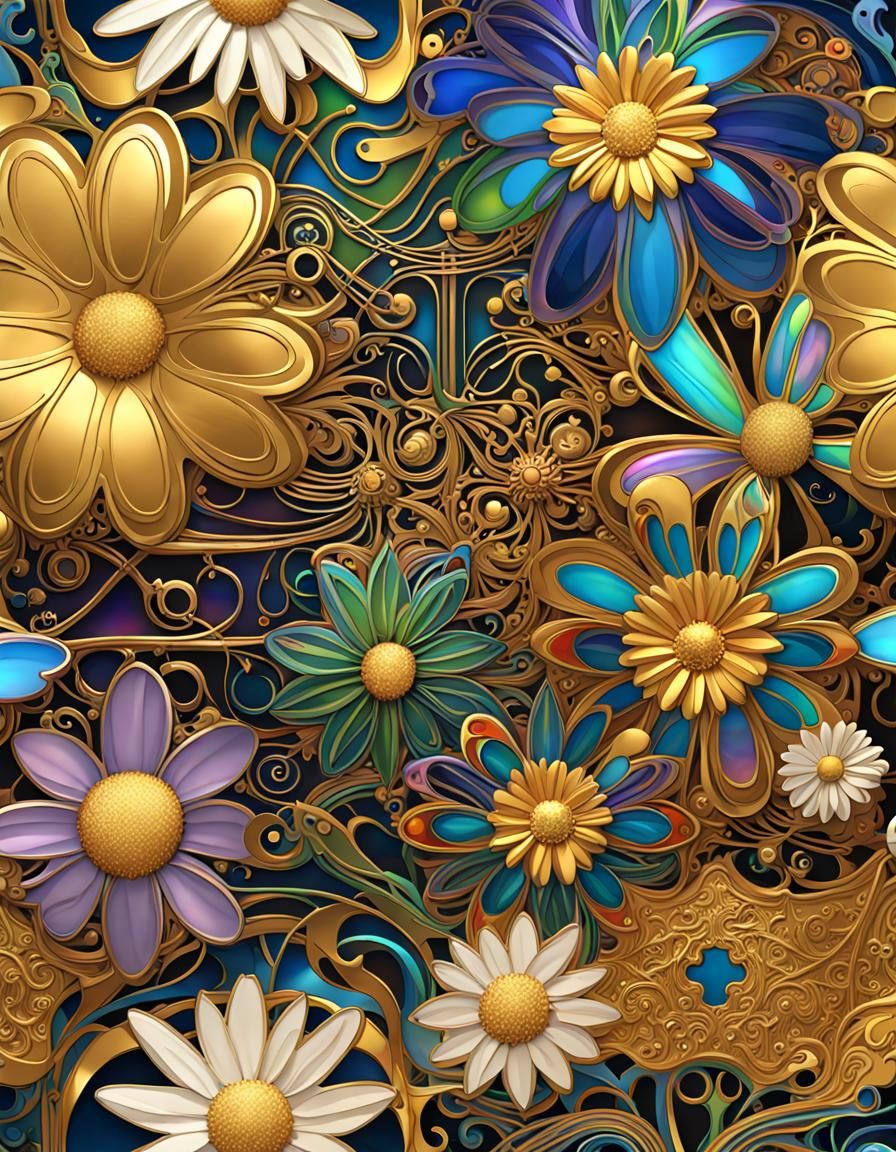 Luxurious Art Nouveau Goddess Among Rainbow-Colored Florals