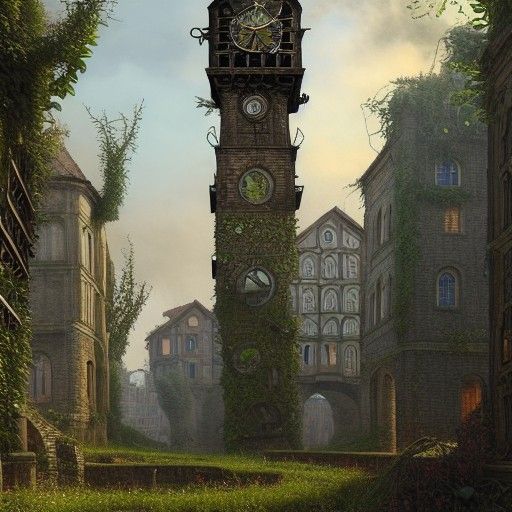 Overgrown Clocktower Concept Art in Medieval City