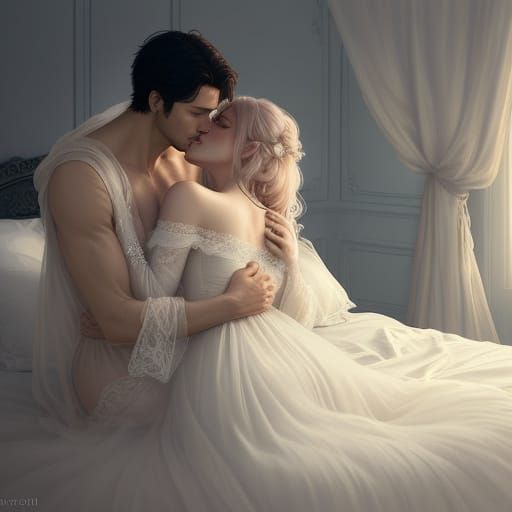 Ethereal Woman's Tender Embrace in Warm Bedroom