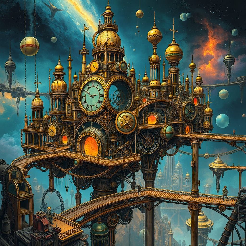 Surreal Clockwork Cityscape in Nebula