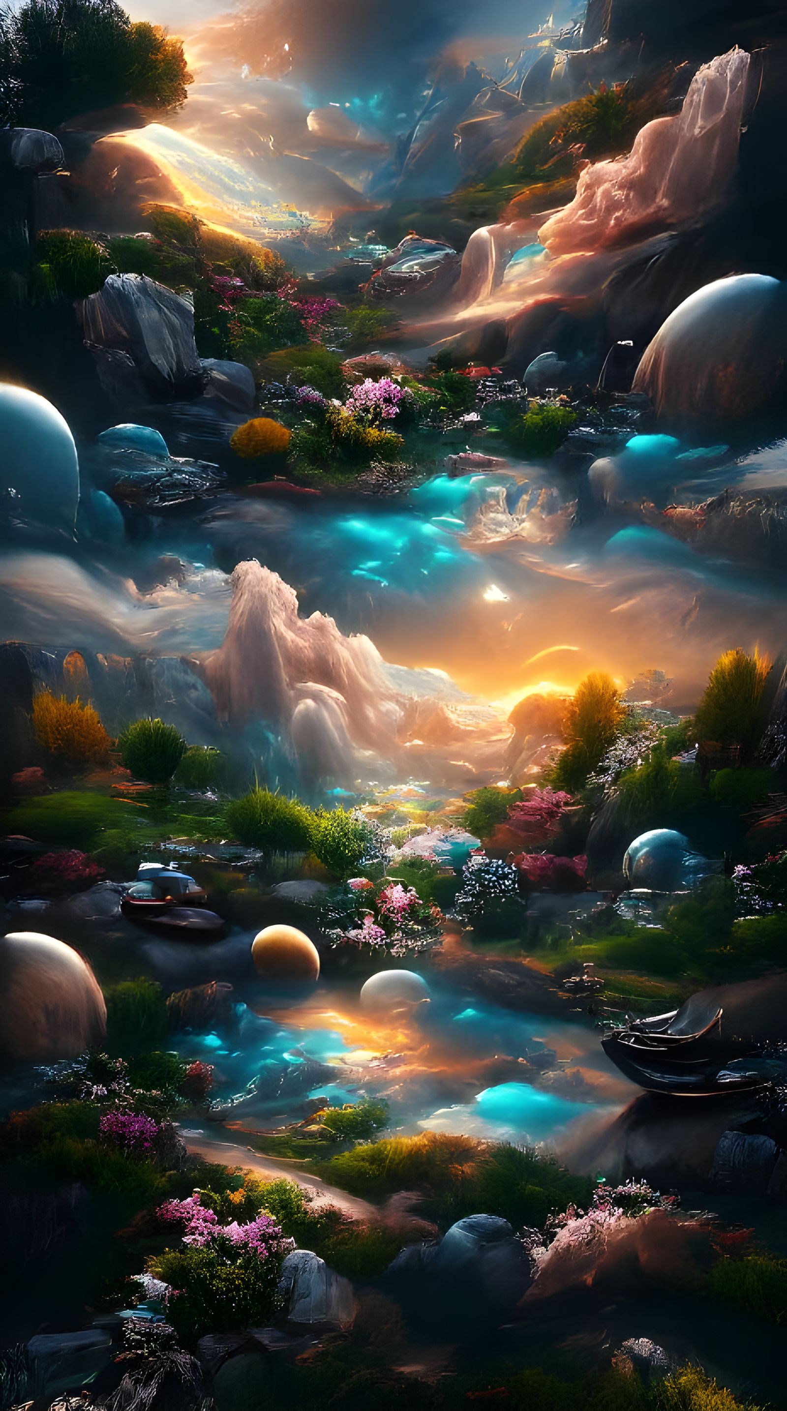Iridescent Sci-Fi Zen Garden Under Cosmic Sky