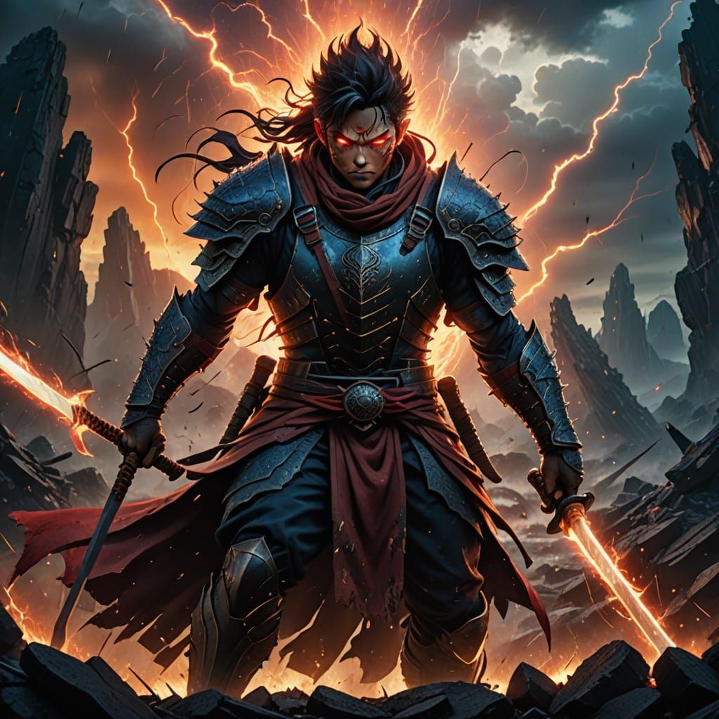 Epic Anime Warrior Stands on a Shattered Battlefield in Vibr...