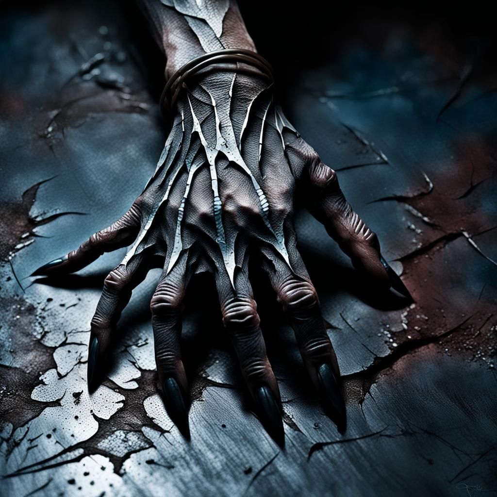 Macabre Hand with Black Talons Scratching Floor