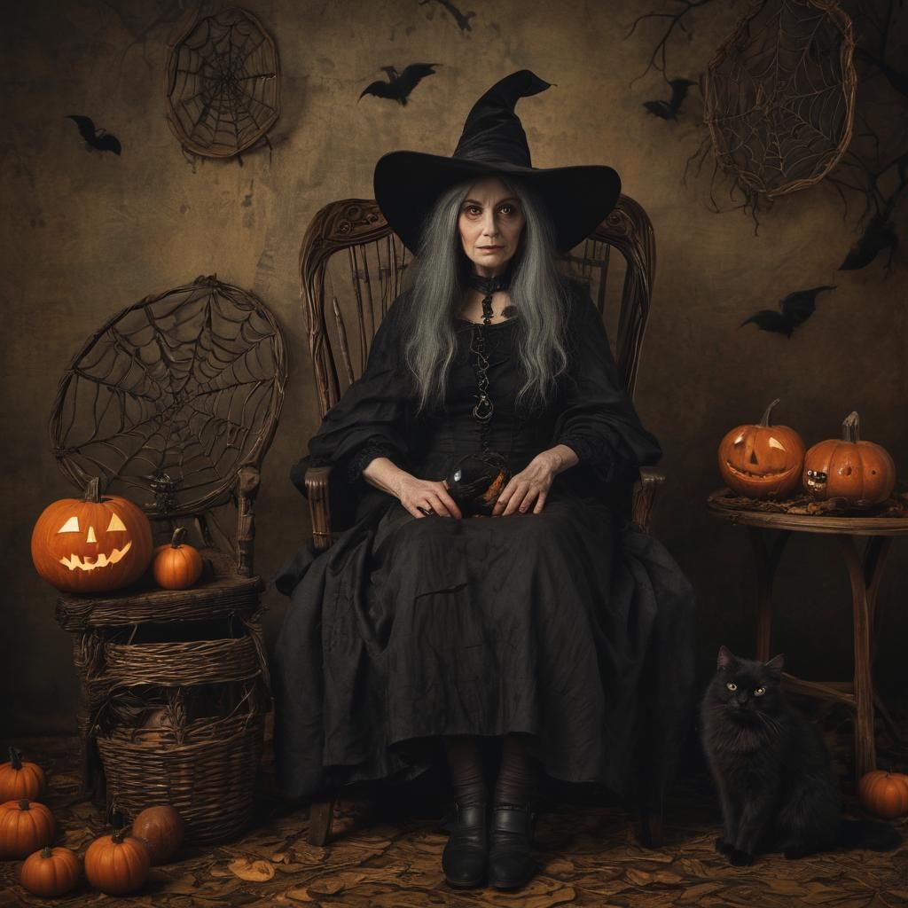 Gothic Witch with Pumpkins in Autumn Landscape
