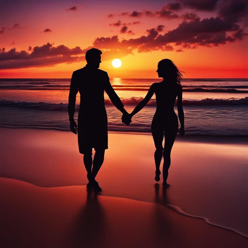 Romantic Beach Sunset Walk: Detailed Matte Painting