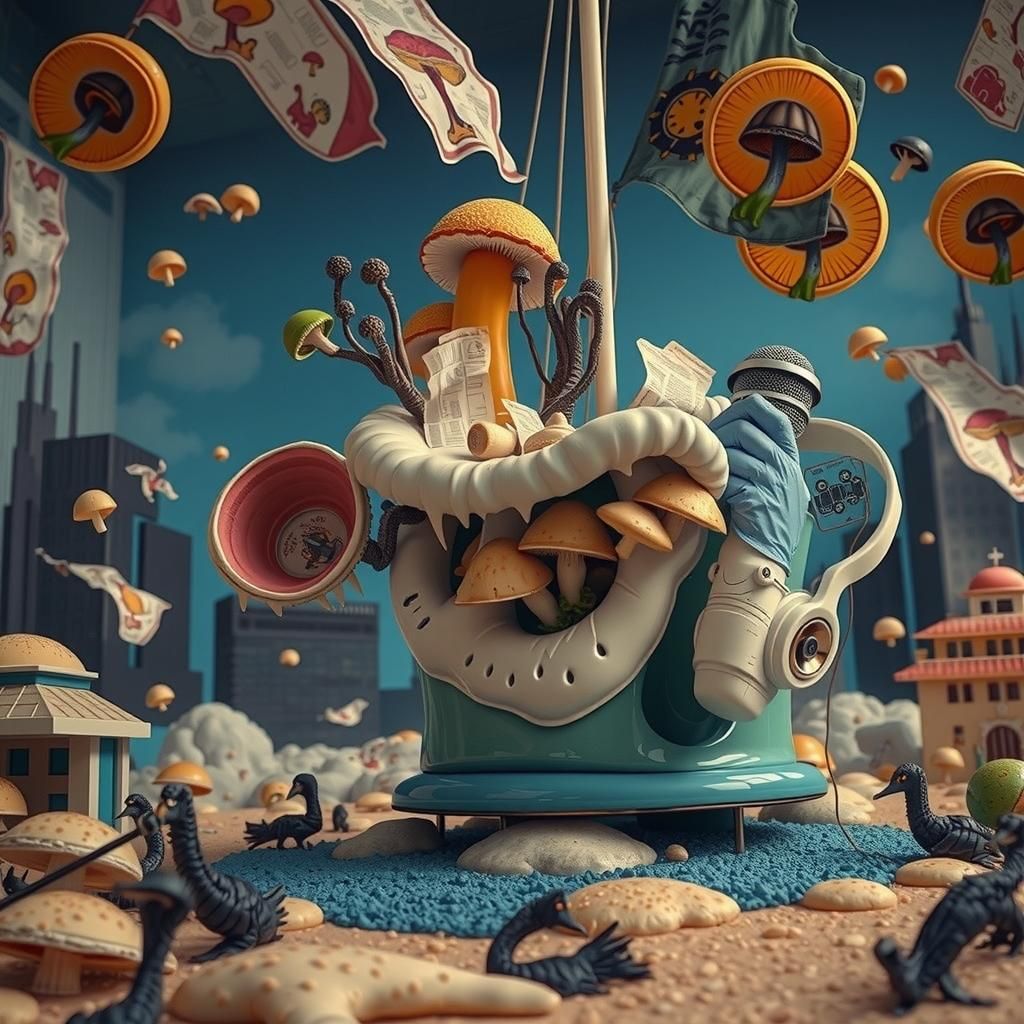 Surreal Mushroom Sculpture with Porcelain and Linocut Detail...