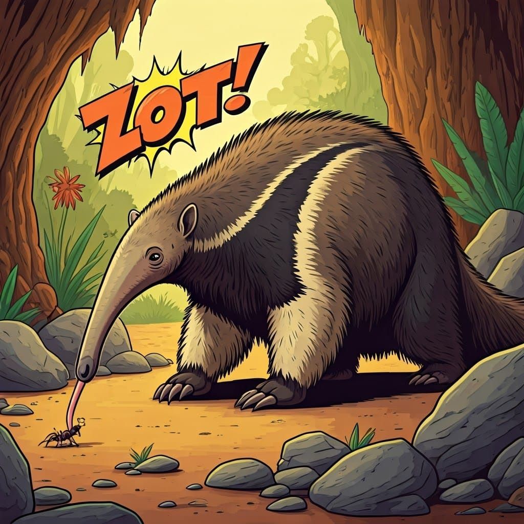 Humorous Anteater Comic Scene in Primitive Style