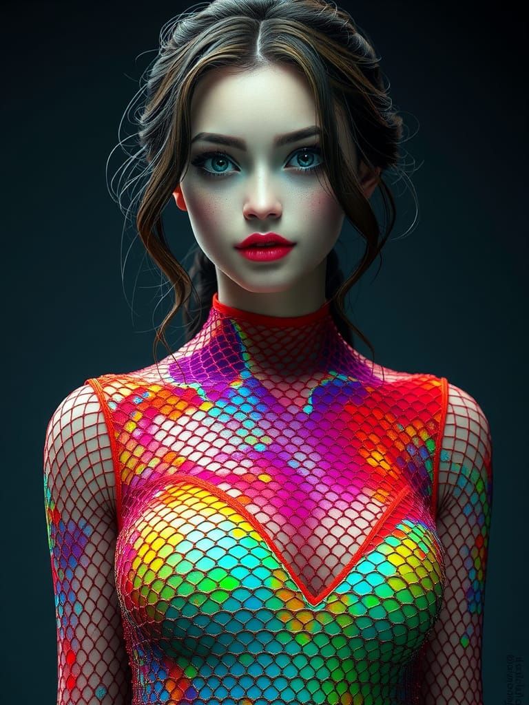 Stunning Brunette in Rainbow Dress: Concept Art Portrait