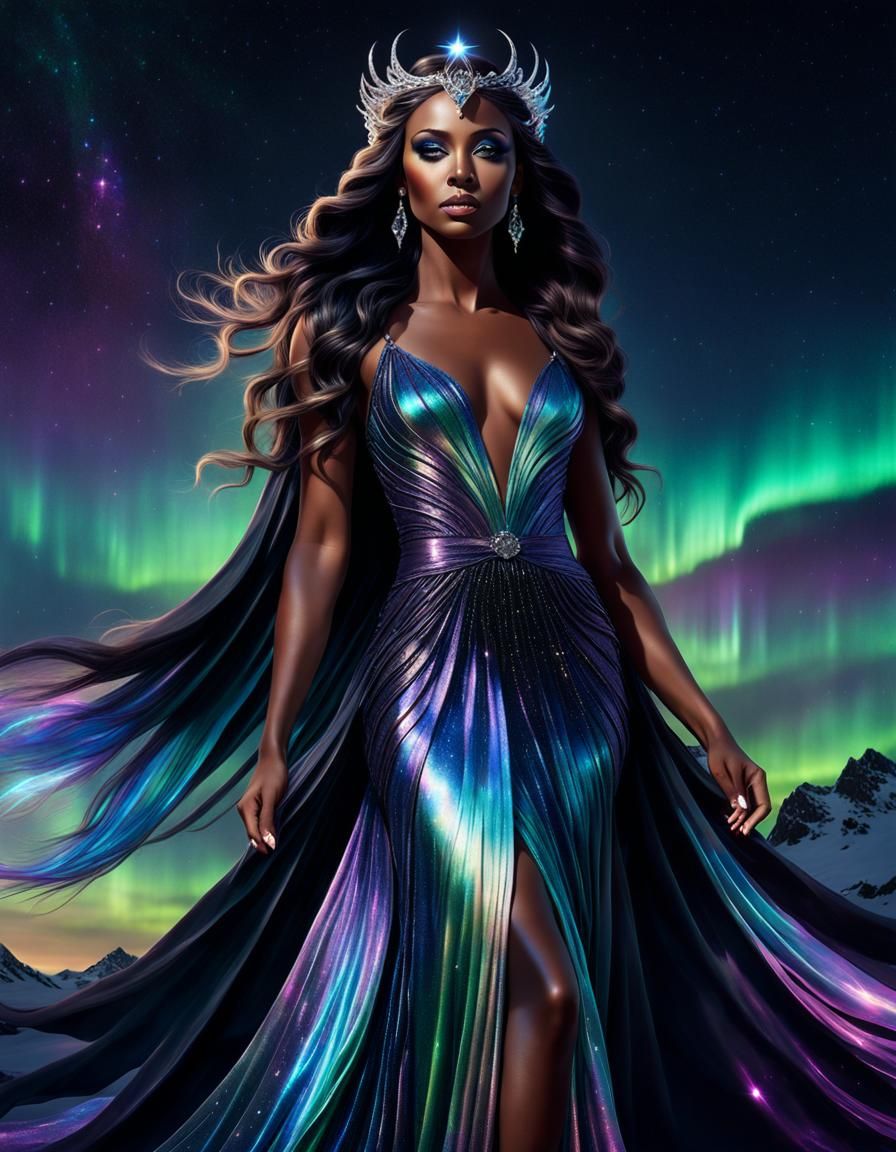 Powerful Dark Goddess of Night in Iridescent Gown